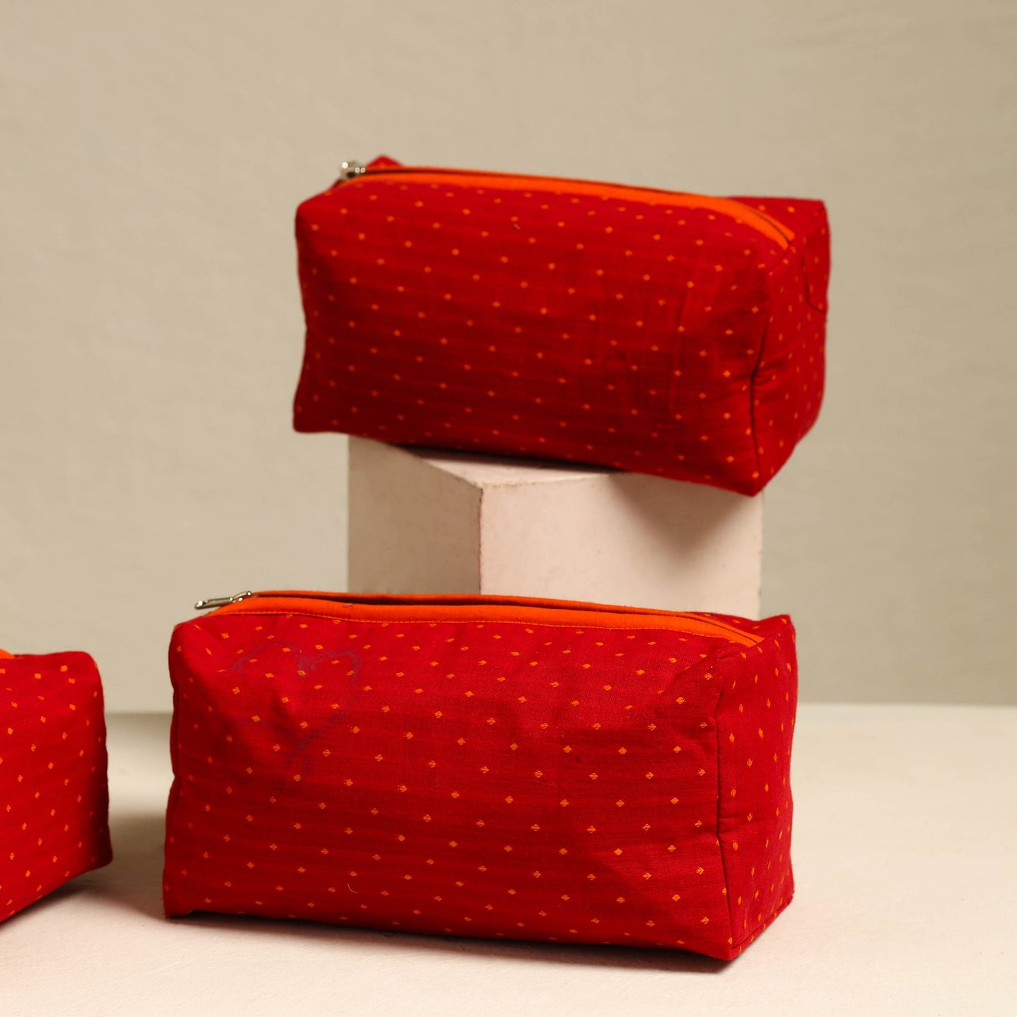  Red Handmade Cotton Toiletry Bags (Set of 3)