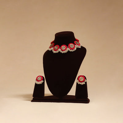 Handmade fabart choker necklace set with kundan & beads 09