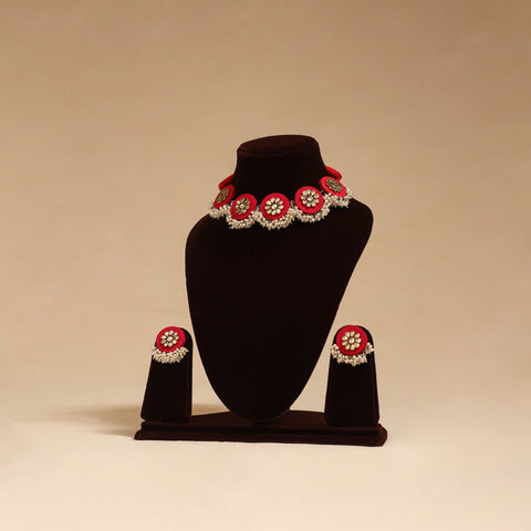 Handmade fabart choker necklace set with kundan & beads 09