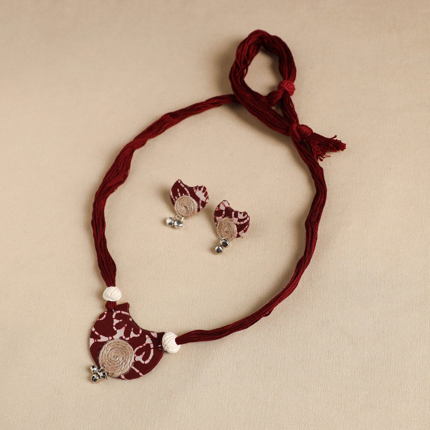 Red - handmade fabart jute necklace set 21 - handcrafted