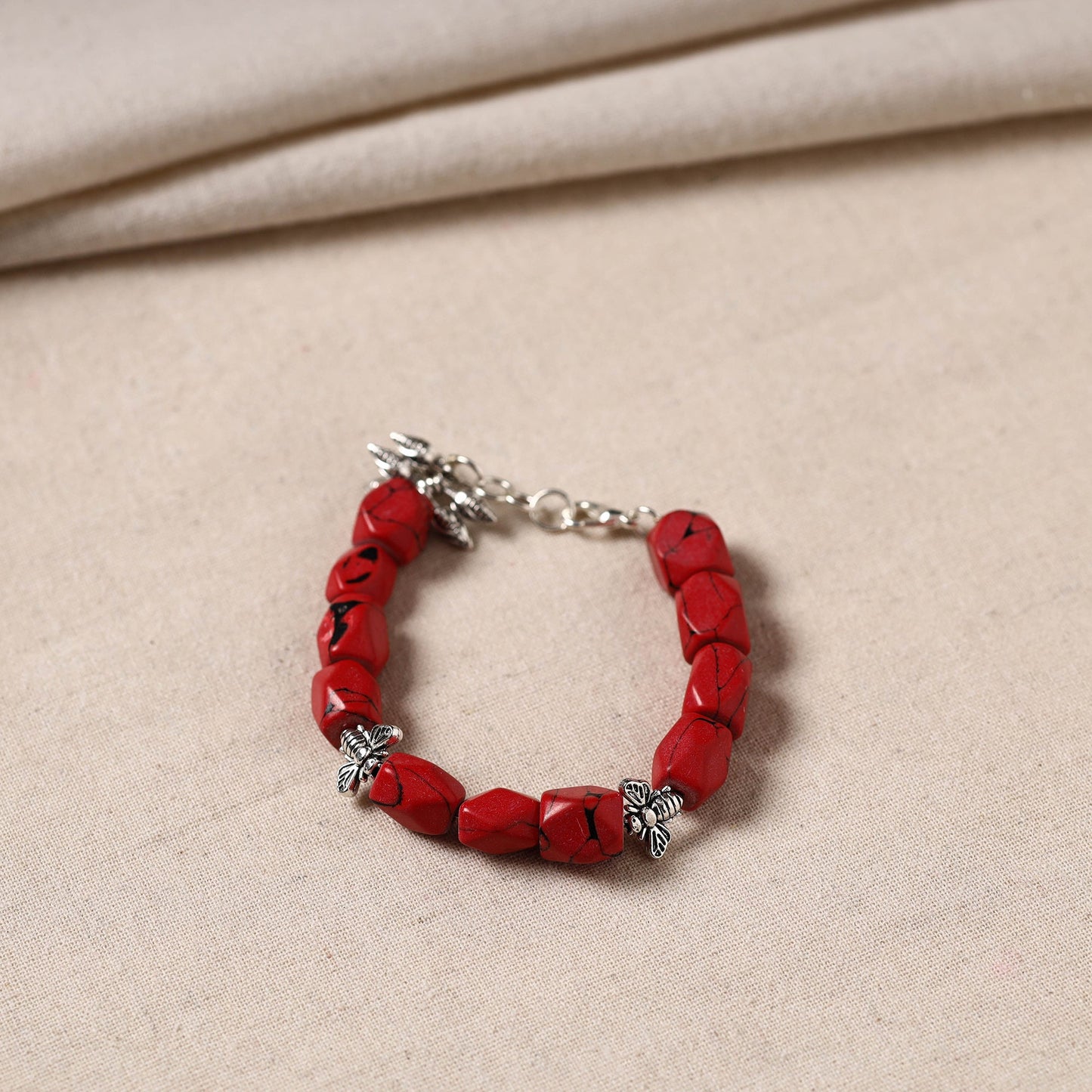 Red - handmade german silver beaded bracelet 04