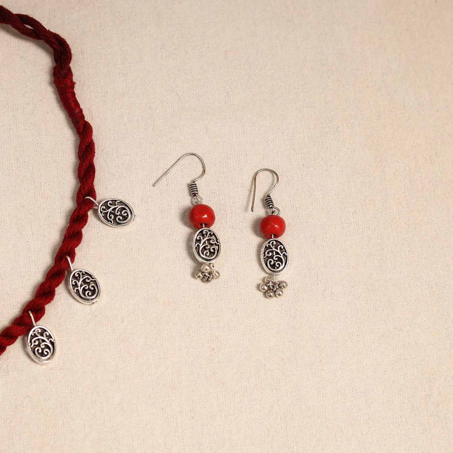 Red - handmade german silver necklace set 05 - handcrafted