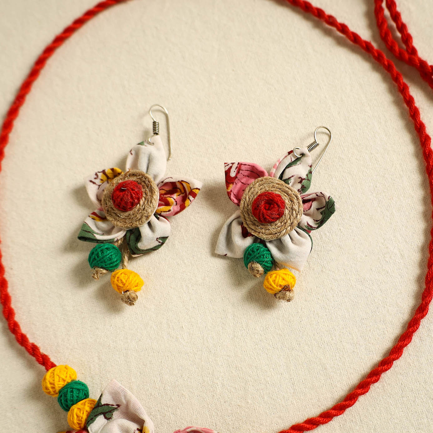 Red - handmade jute fabart necklace set 21 - handcrafted