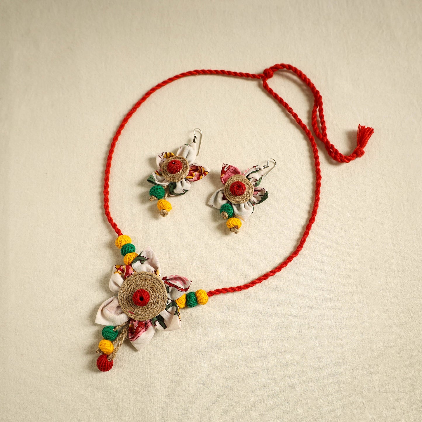 Red - handmade jute fabart necklace set 21 - handcrafted
