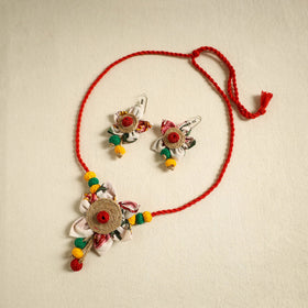 Red - handmade jute fabart necklace set 21 - handcrafted