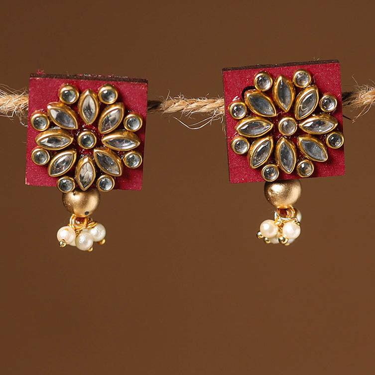 Red - handmade kundan work earrings 27 - handcrafted
