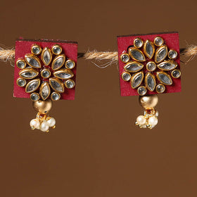 Red - handmade kundan work earrings 27 - handcrafted