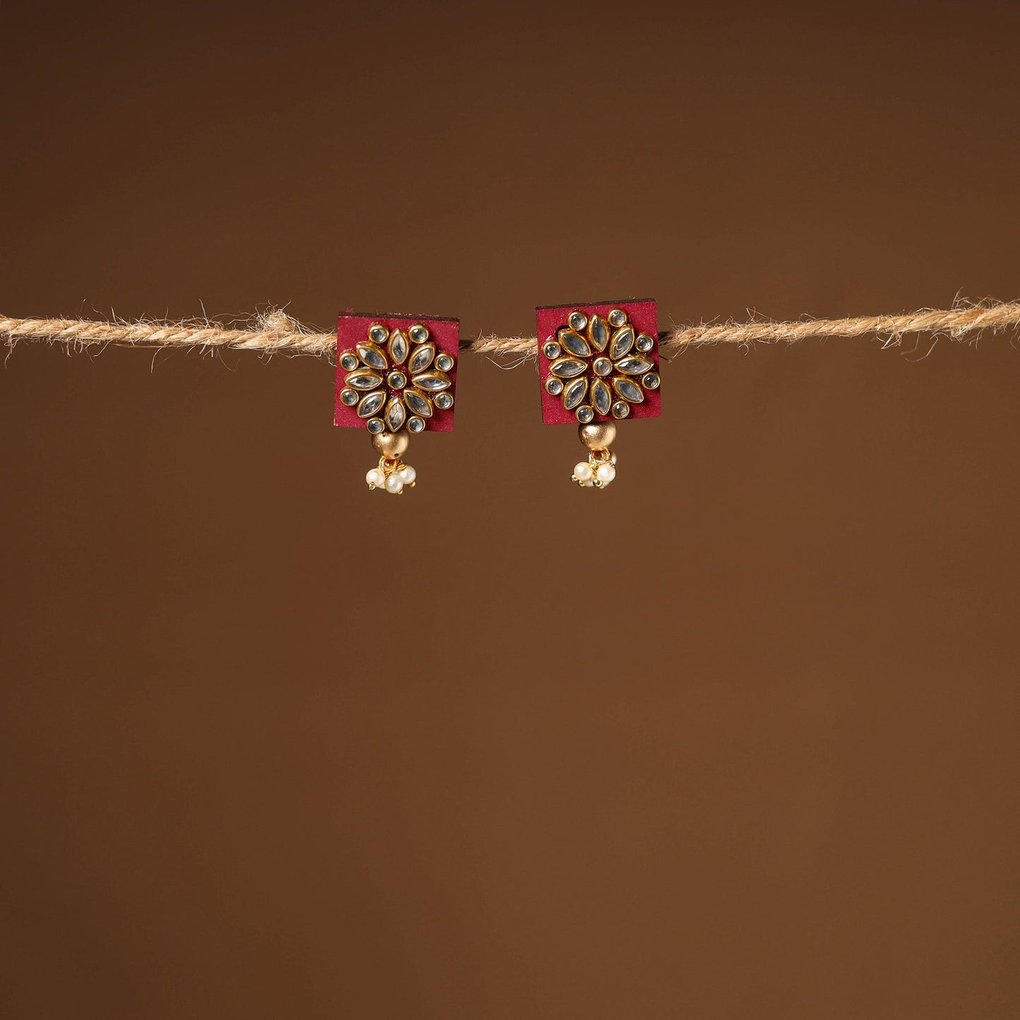 Red - handmade kundan work earrings 27 - handcrafted