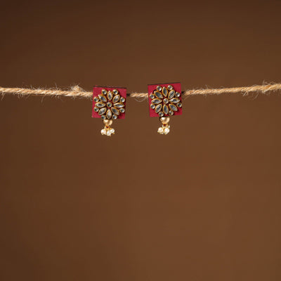 Red - handmade kundan work earrings 27 - handcrafted