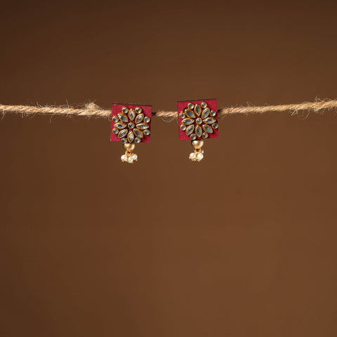 Red - handmade kundan work earrings 27 - handcrafted