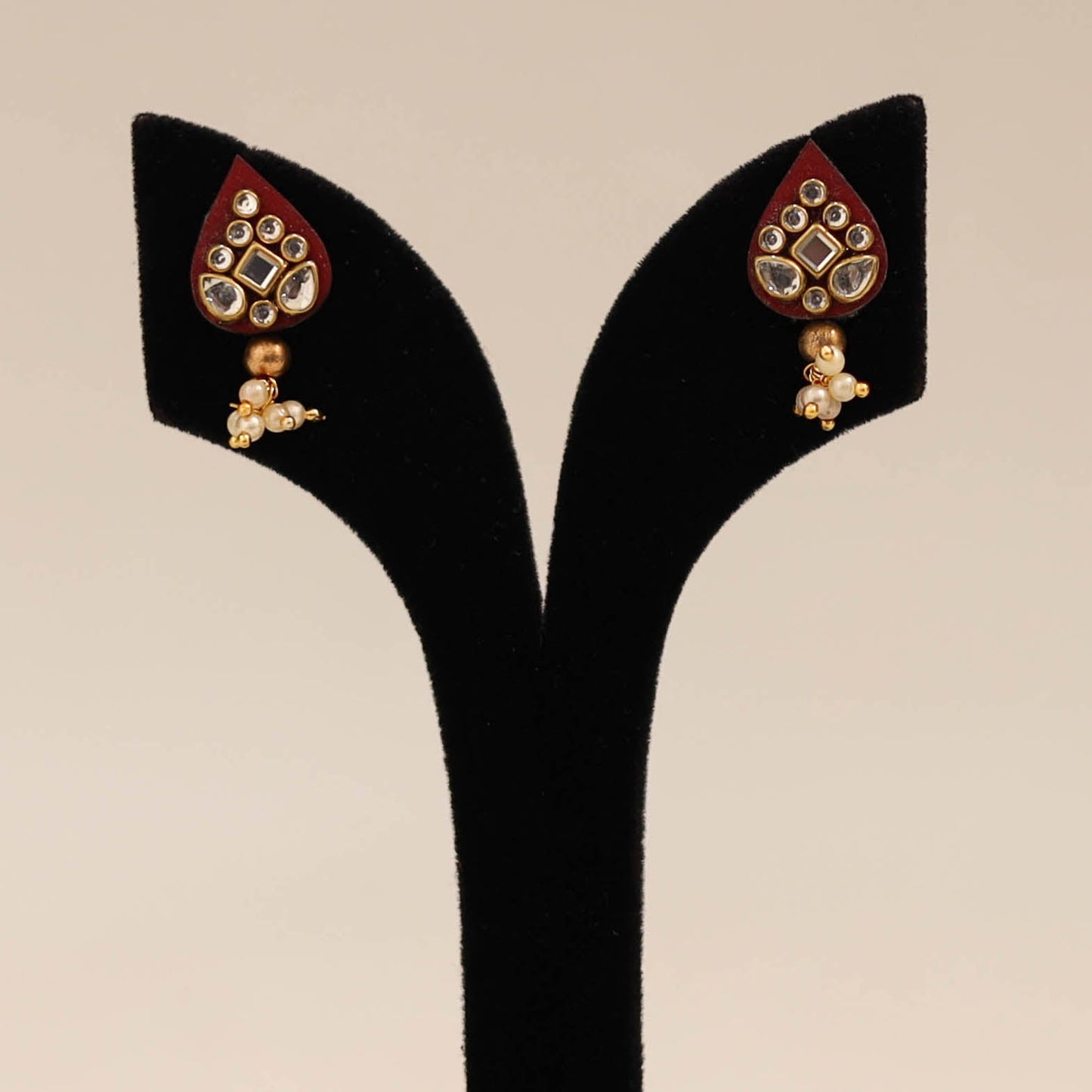 Red - handmade kundan work earrings 85 - handcrafted