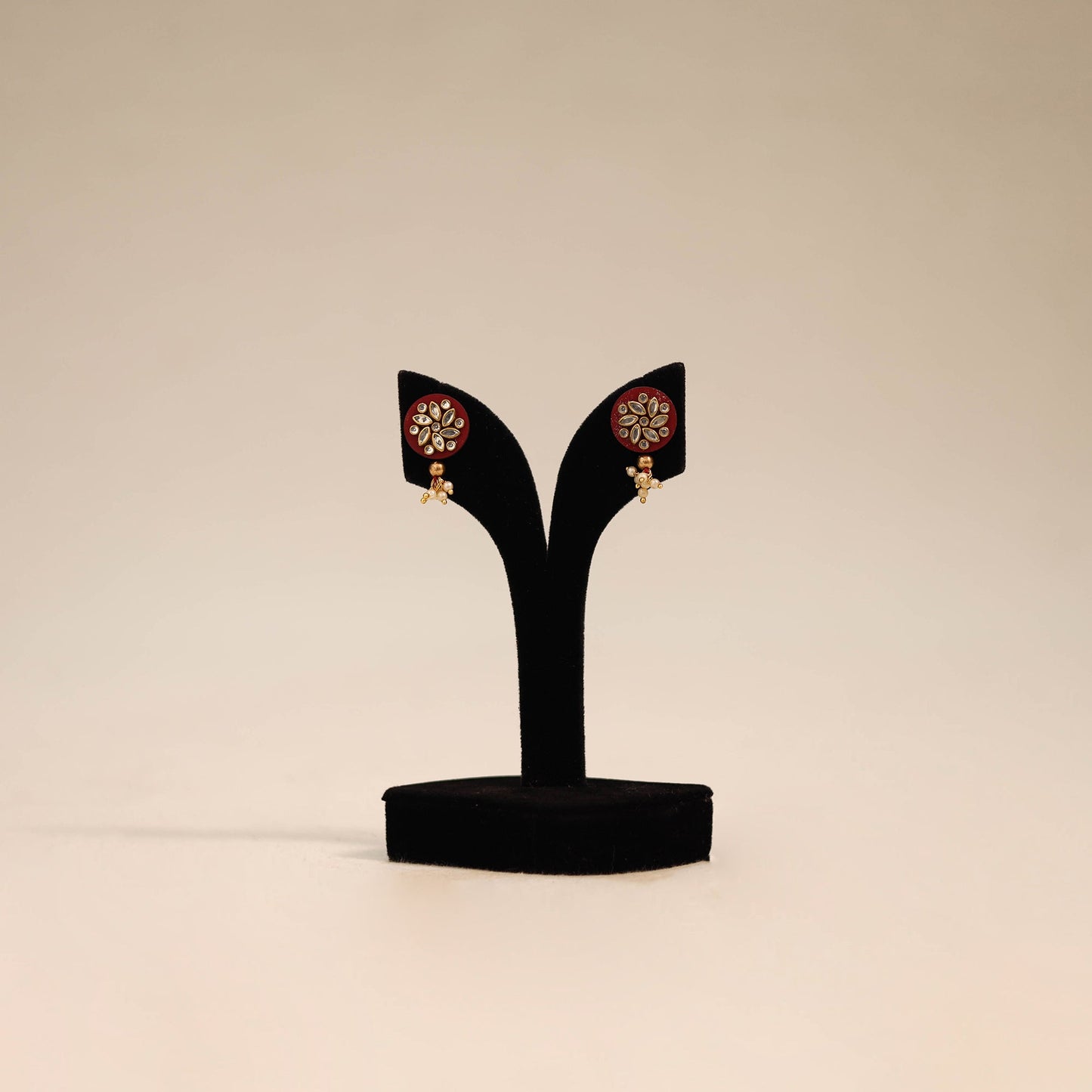 Red - handmade kundan work earrings 87 - handcrafted