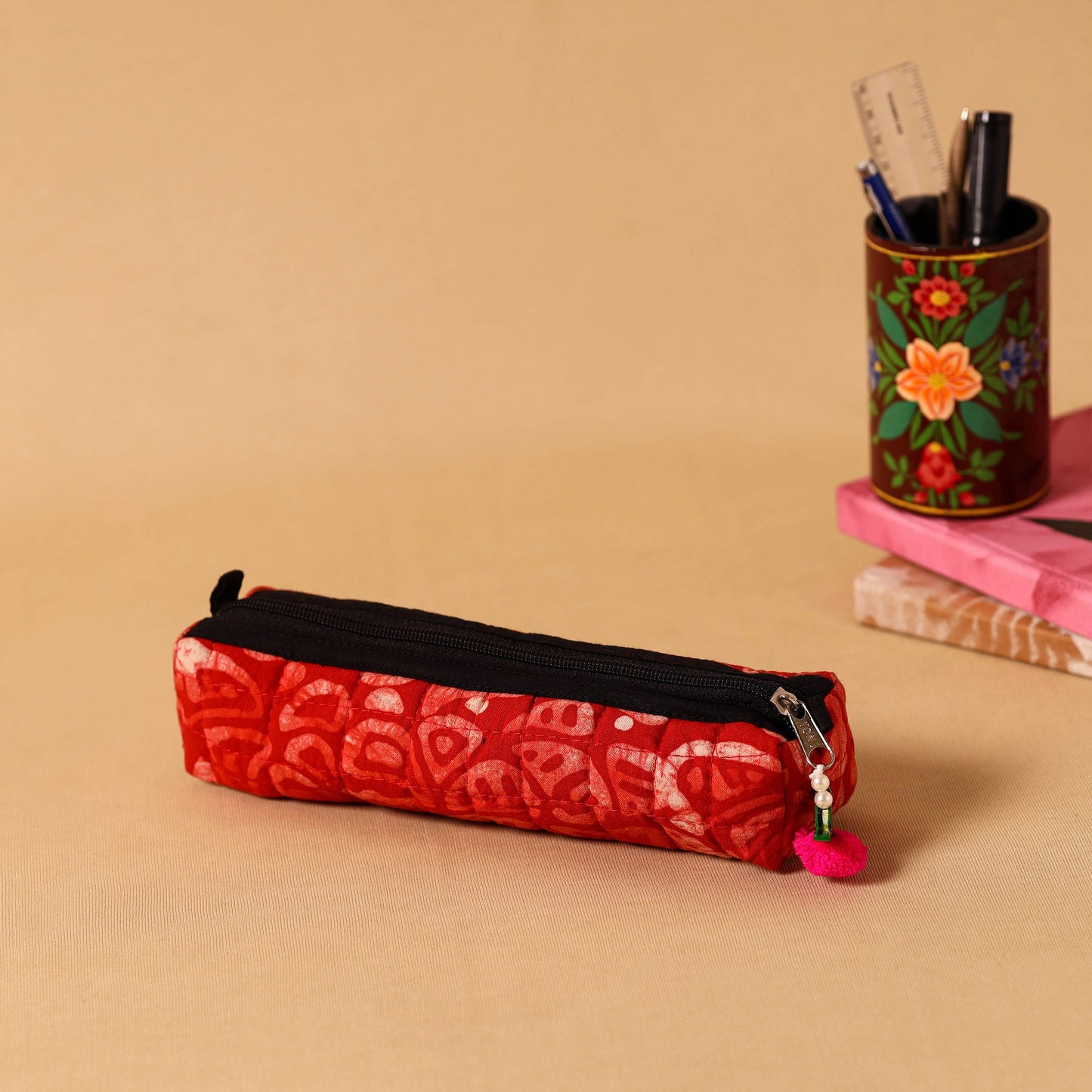 Red Handmade Quilted Cotton Pencil Pouch