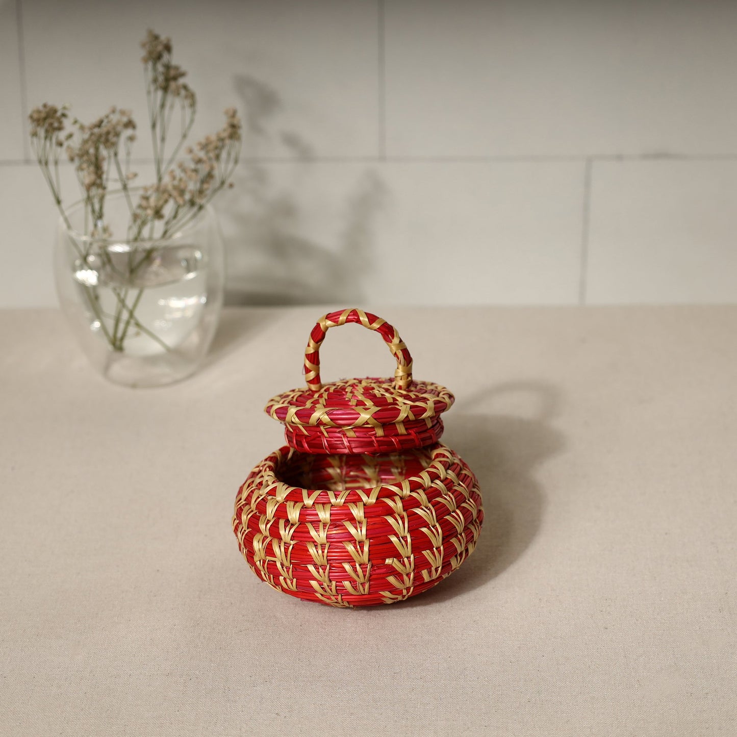 Handmade Sikki Grass Red Multipurpose Utility Box (Small)