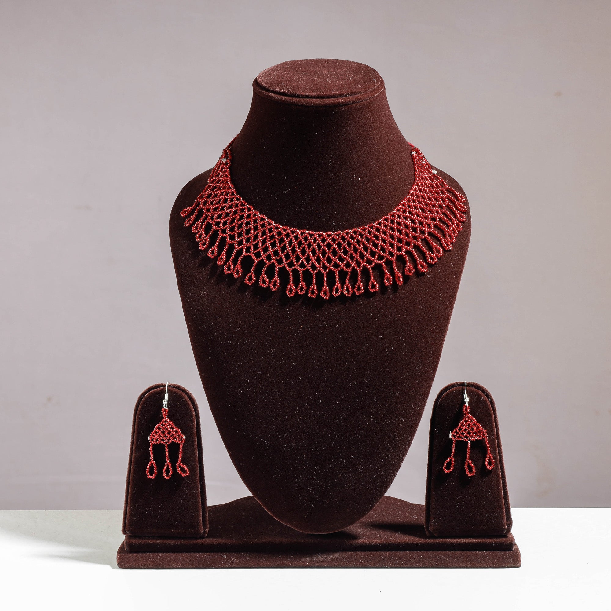 Red Handmade Thread & Beadwork Necklace Set