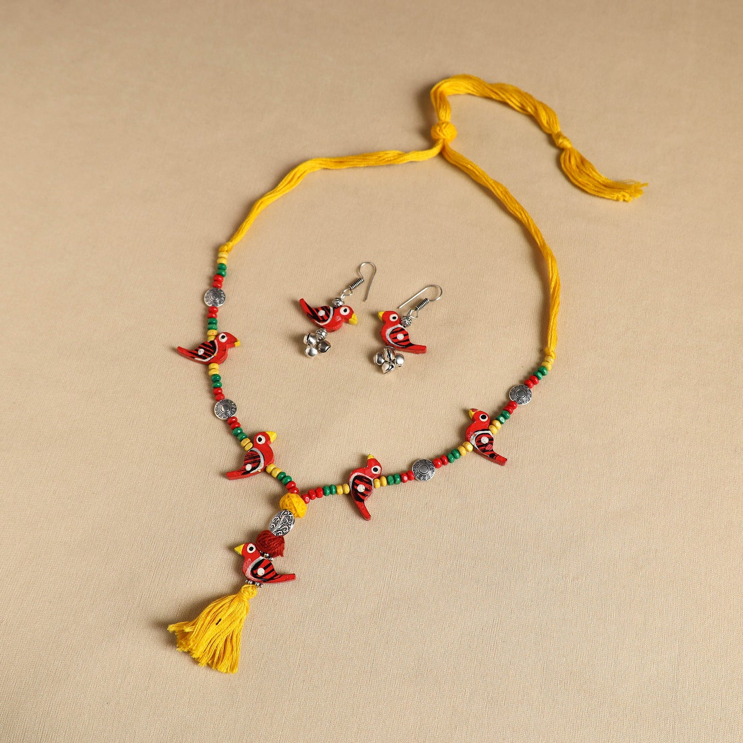 Red - handmade wooden bird beaded necklace set 03