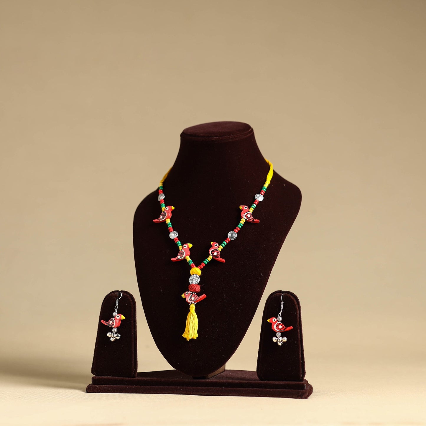 Red - handmade wooden bird beaded necklace set 03