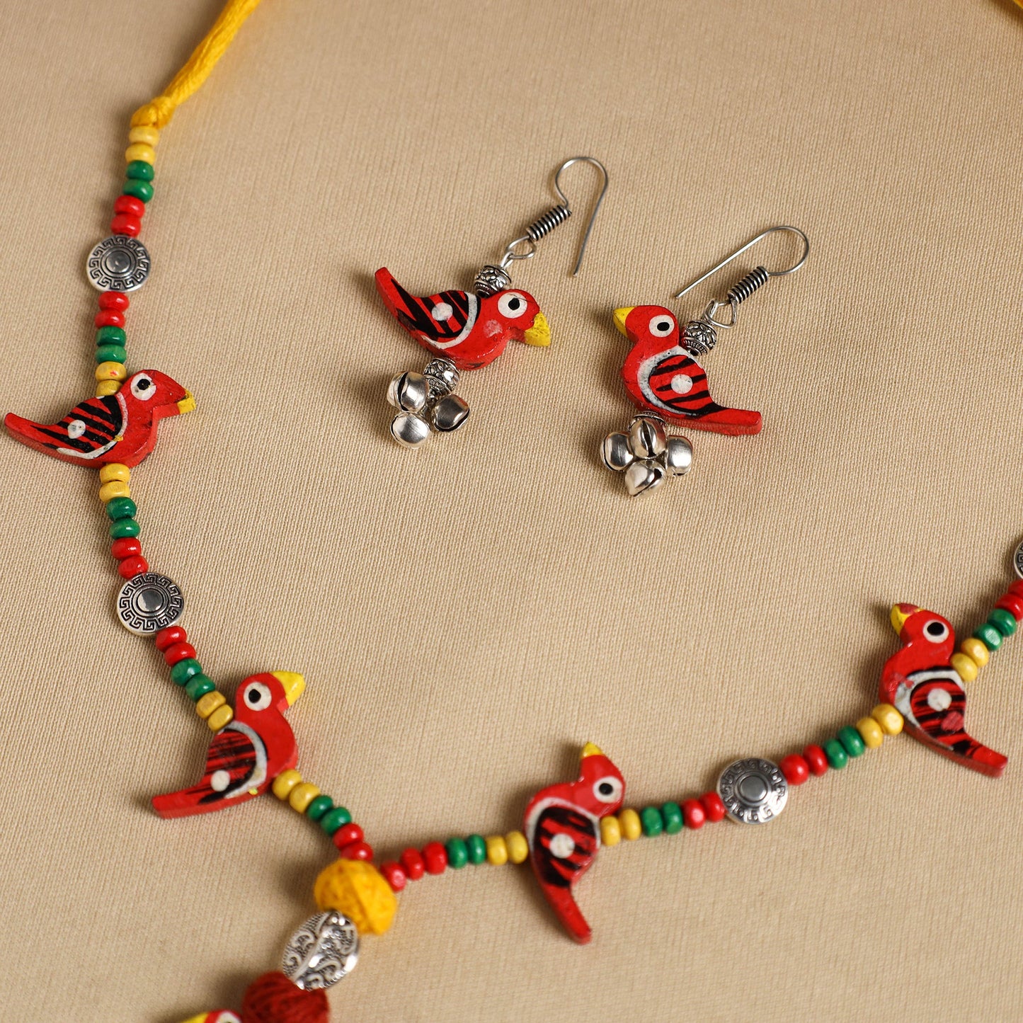 Red - handmade wooden bird beaded necklace set 03