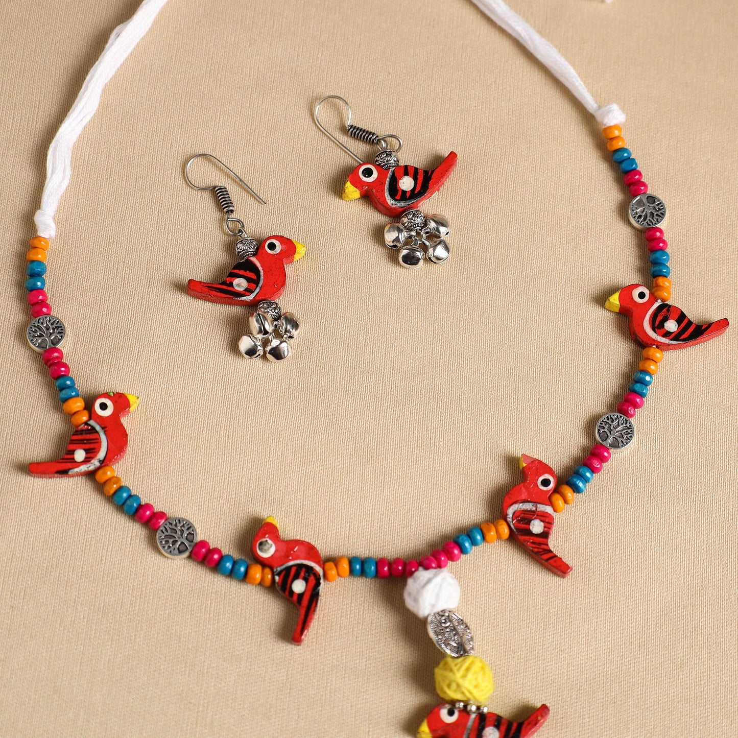 Red Handmade Wooden Bird Beaded Necklace Set