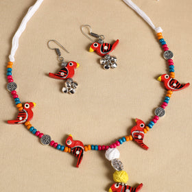 Red Handmade Wooden Bird Beaded Necklace Set