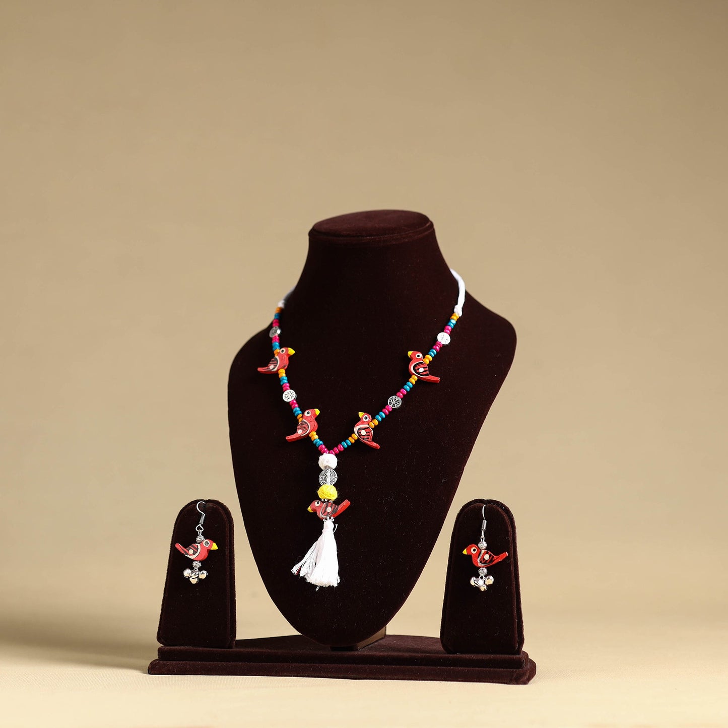 Red Handmade Wooden Bird Beaded Necklace Set