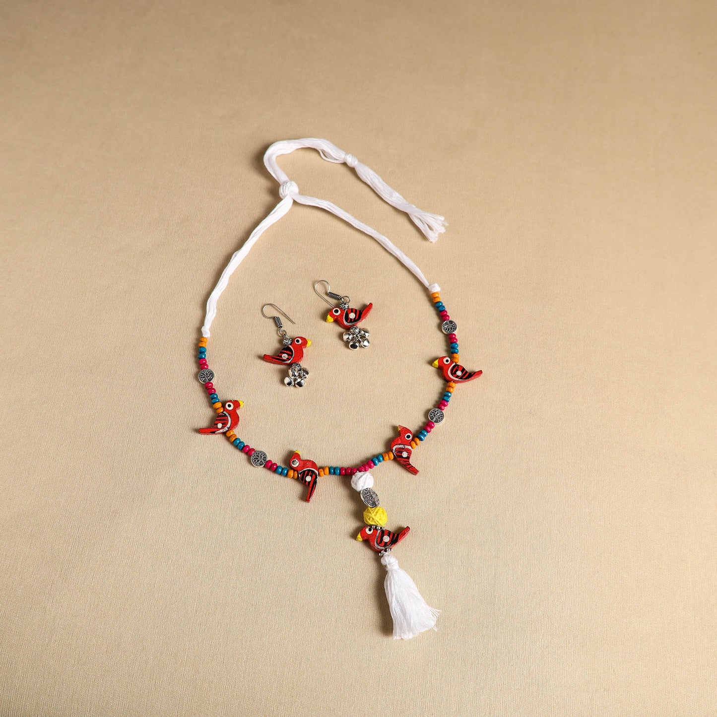 Red Handmade Wooden Bird Beaded Necklace Set