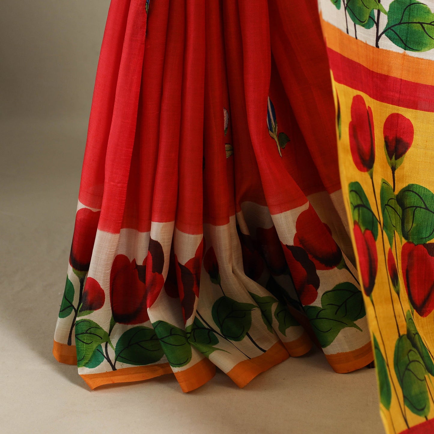 Red - handpainted bishnupuri silk bengal kantha embroidery