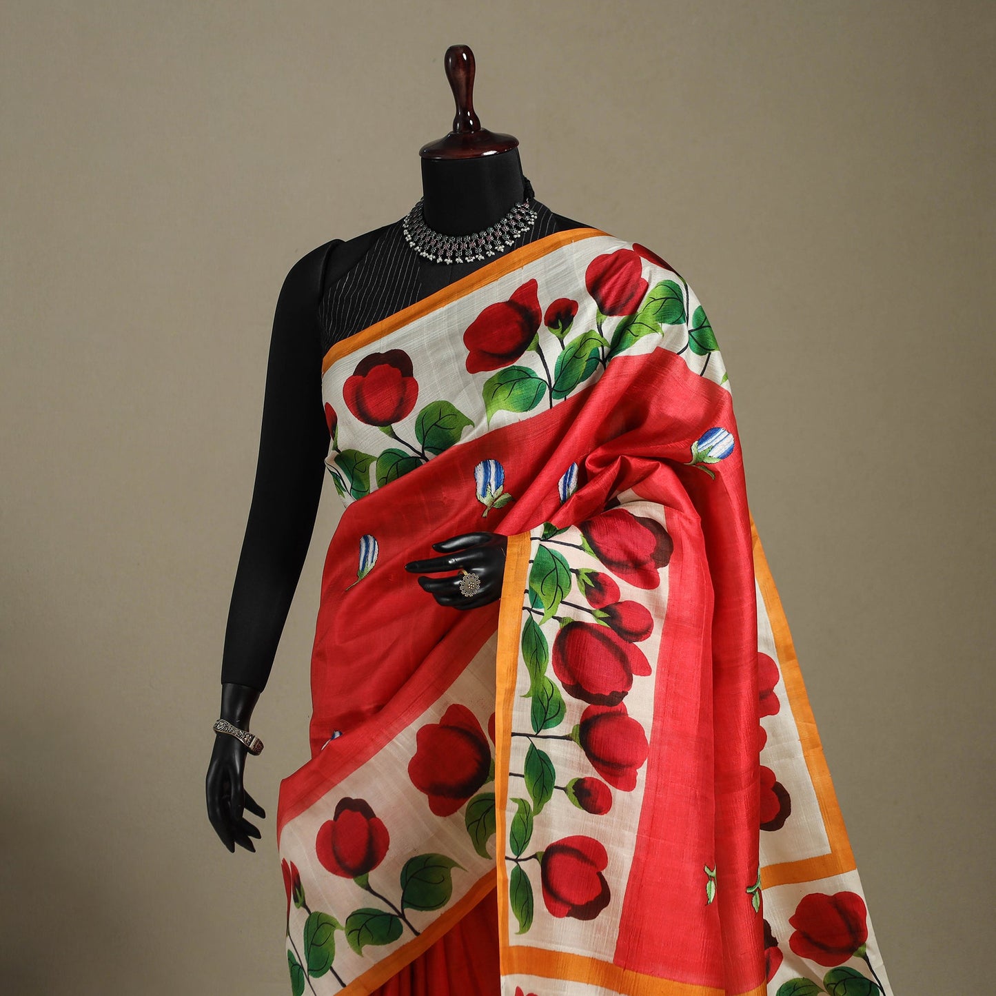 Red - handpainted bishnupuri silk bengal kantha embroidery
