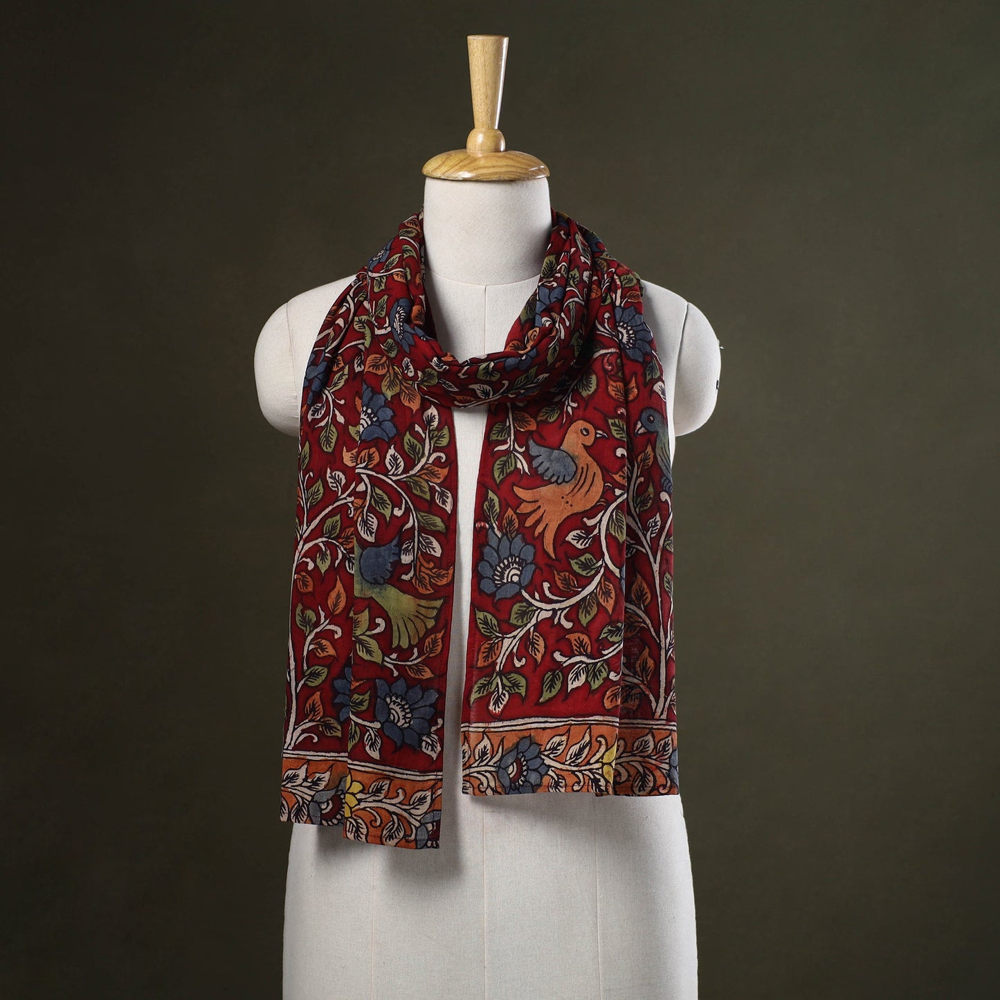 Red Handpainted Cotton Kalamkari Stole