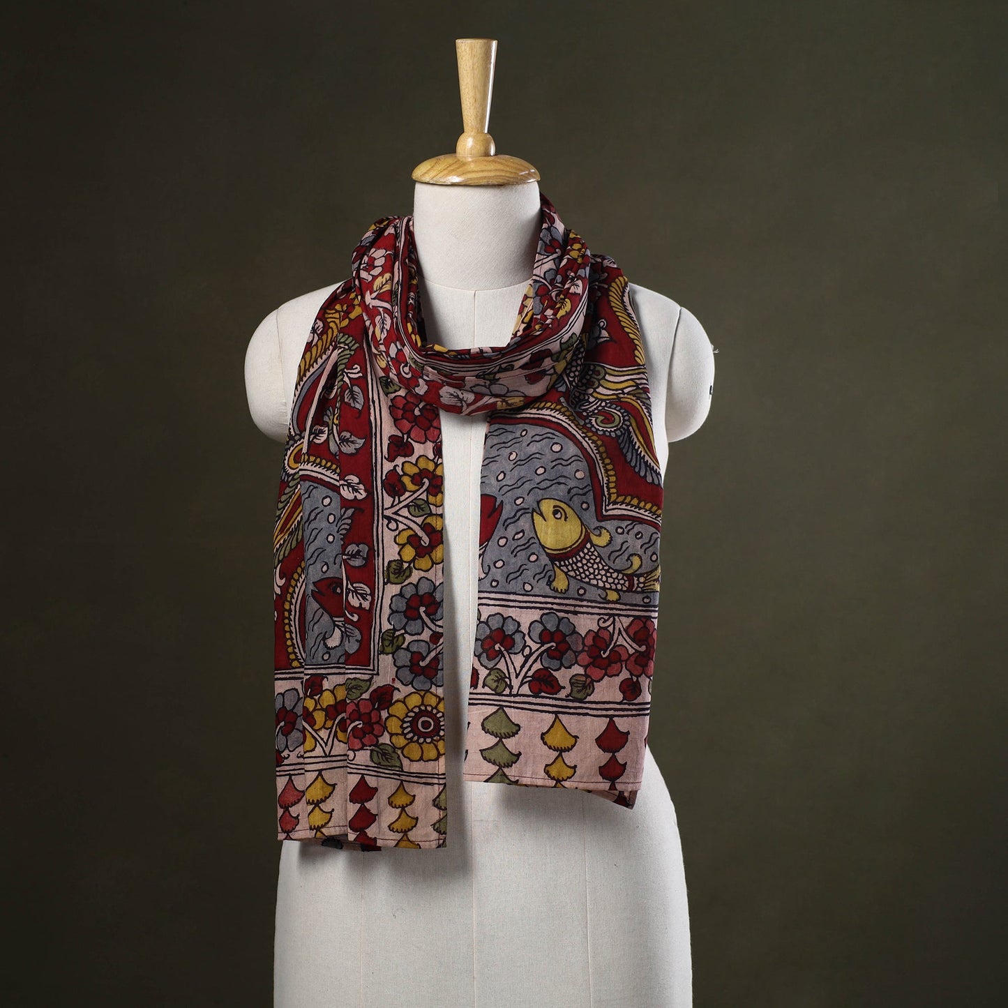 Red - handpainted cotton kalamkari stole 12 - handcrafted