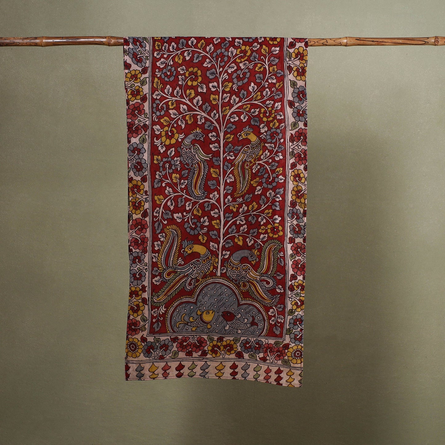 Red - handpainted cotton kalamkari stole 12 - handcrafted