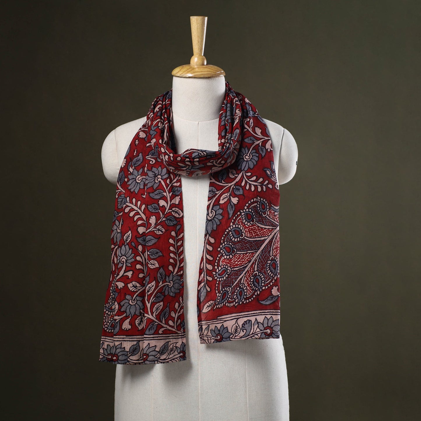 Red Handpainted Cotton Kalamkari Stole