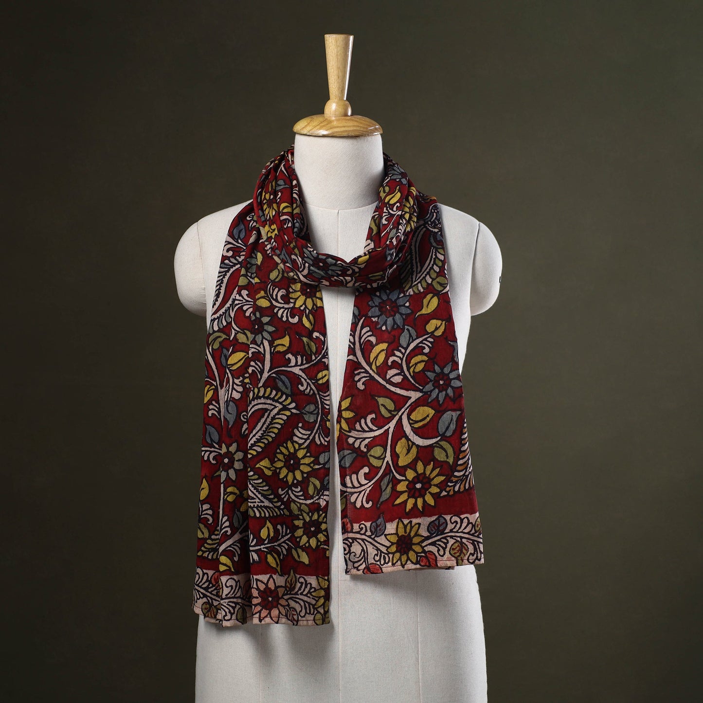 Red Handpainted Cotton Kalamkari Stole