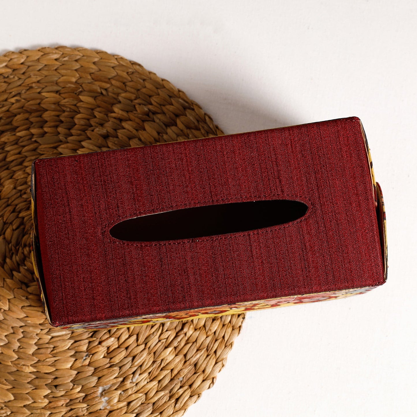 Red  Handpainted Kalamkari Natural Dyed Cotton Tissue Box 