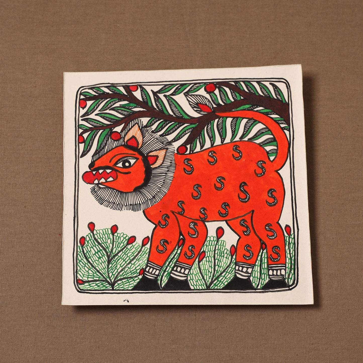 Handpainted madhubani painting by hira devi (7 x 7 in) 168