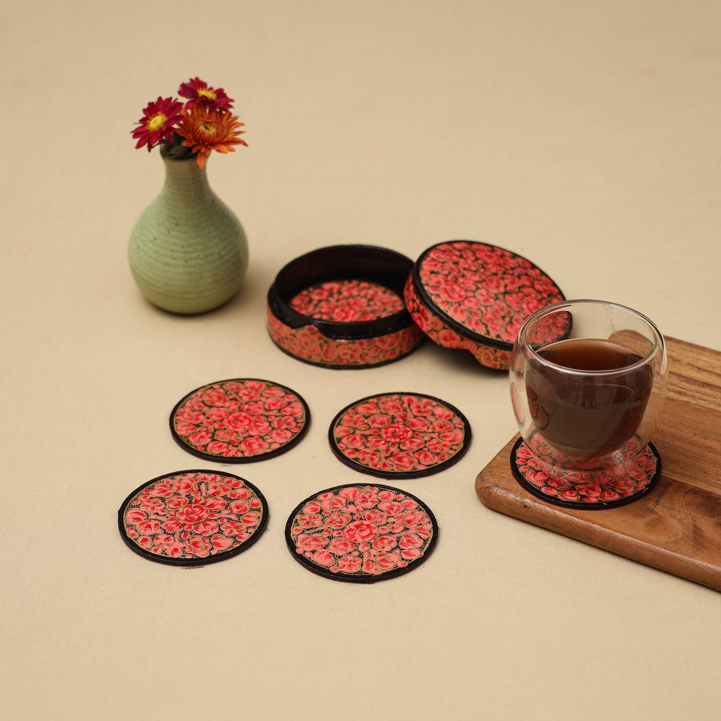 Red - handpainted paper mache coaster with box (set of 6)
