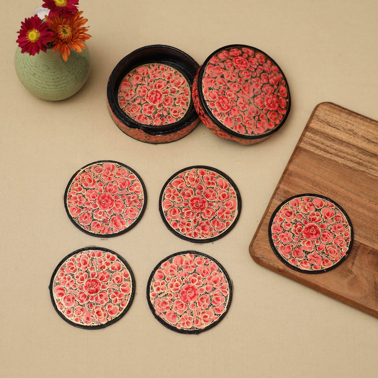 Red - handpainted paper mache coaster with box (set of 6)