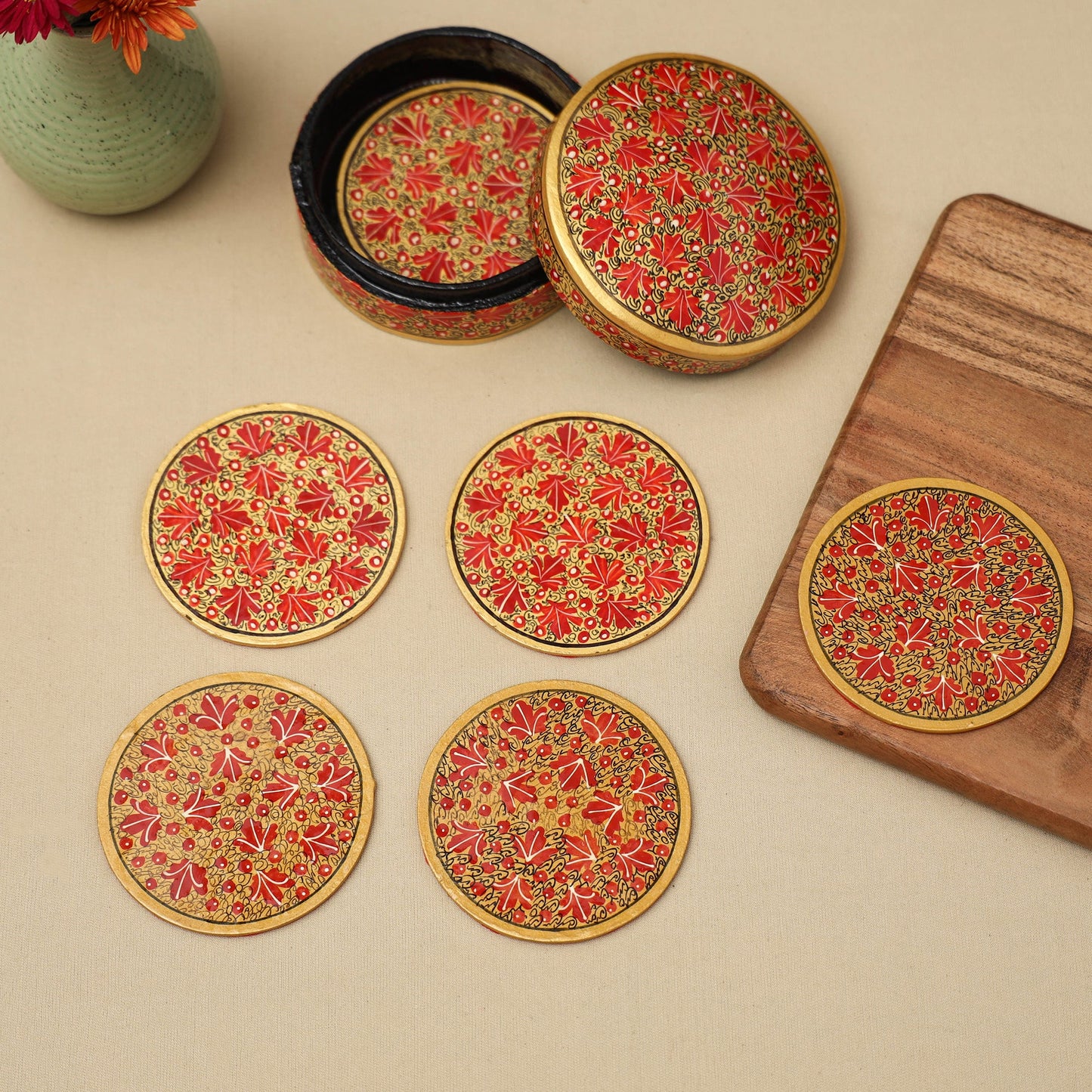 Red - handpainted paper mache coaster with box (set of 6)