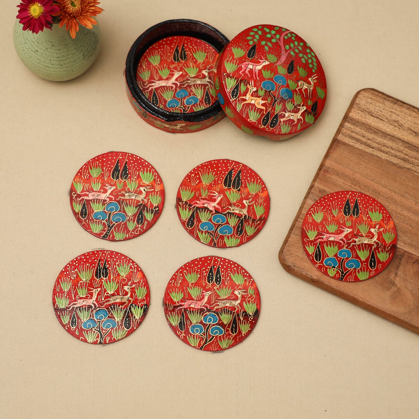 Red - handpainted paper mache coaster with box (set of 6)