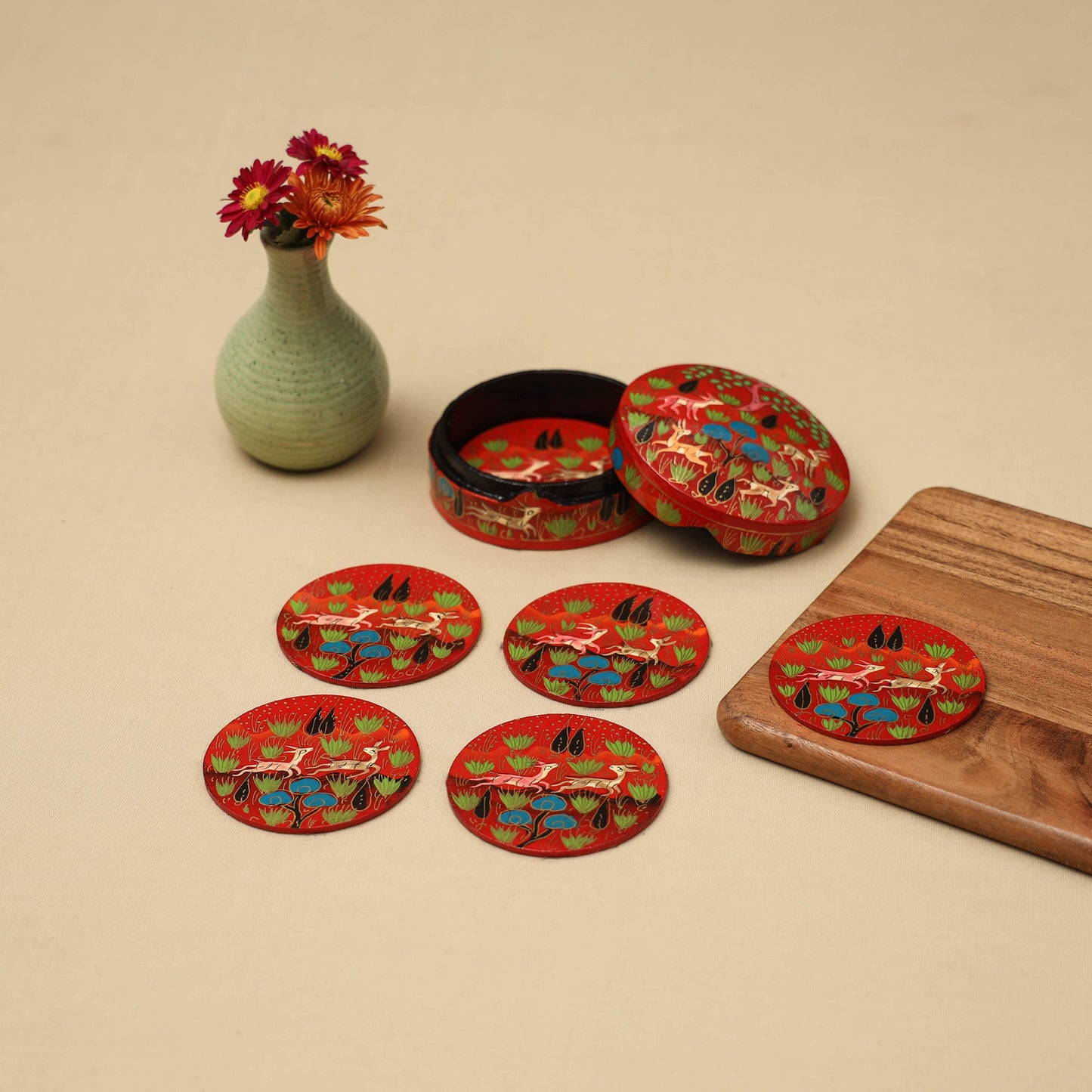 Red - handpainted paper mache coaster with box (set of 6)