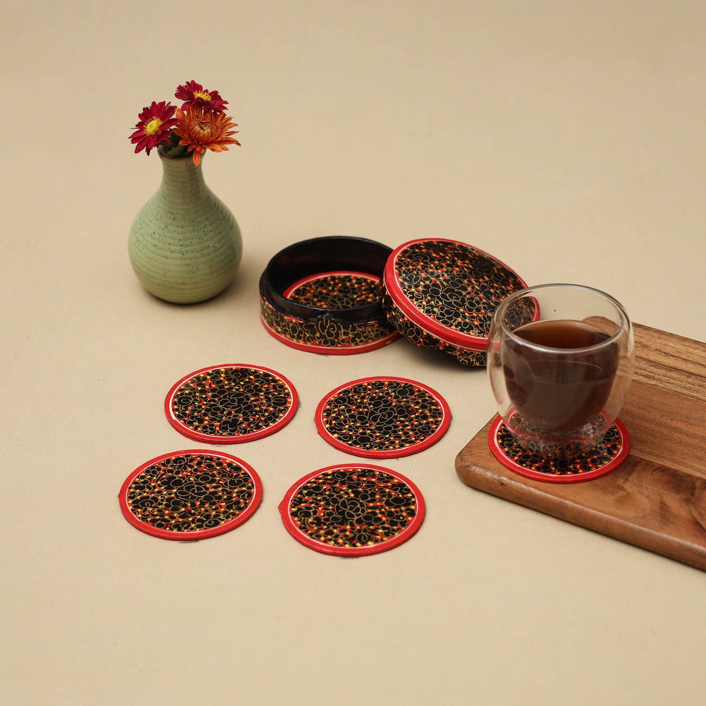 Red - handpainted paper mache coaster with box (set of 6)