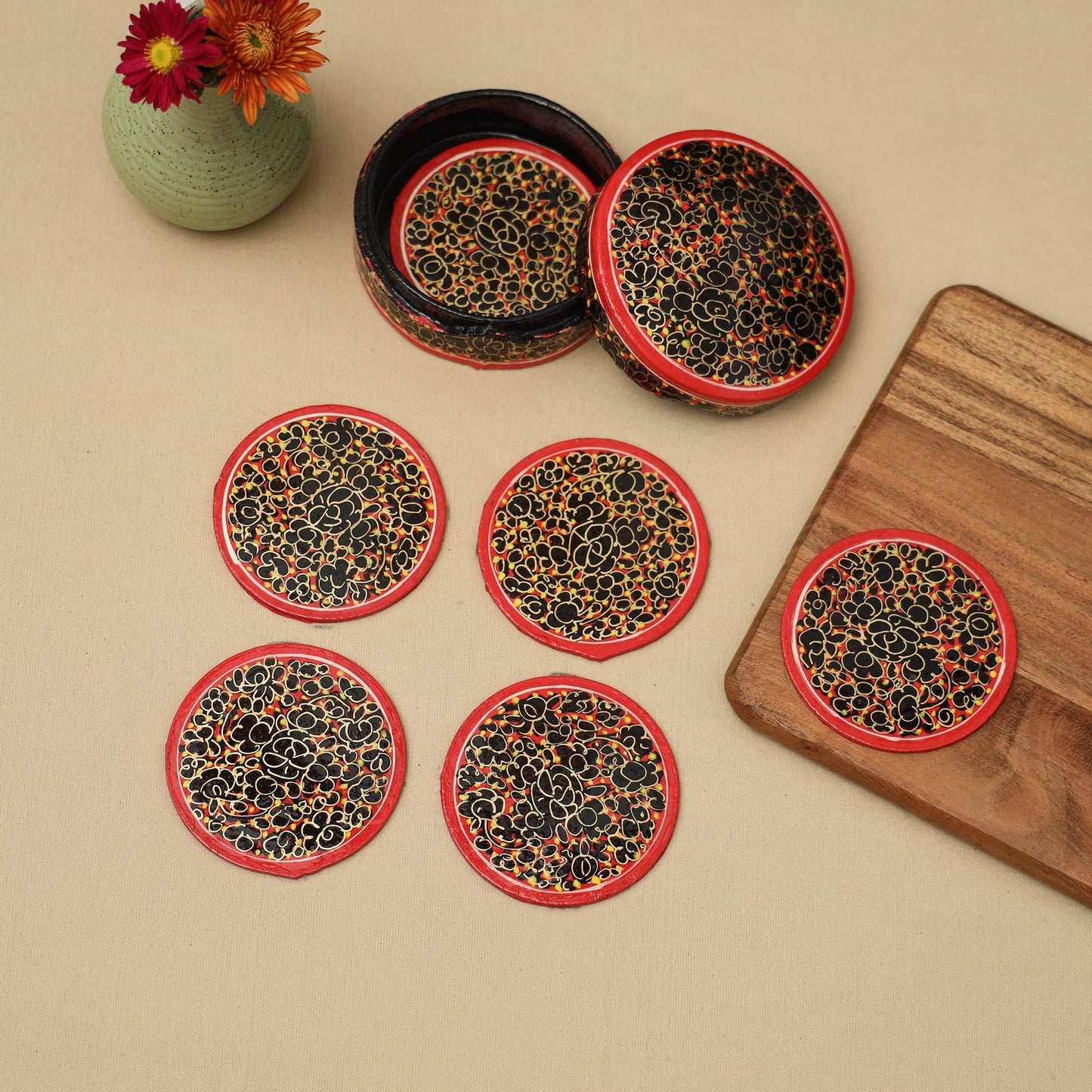 Red - handpainted paper mache coaster with box (set of 6)