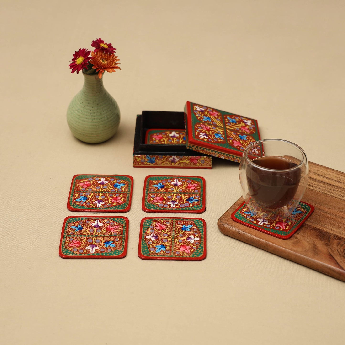 Red - handpainted paper mache coaster with box (set of 6)