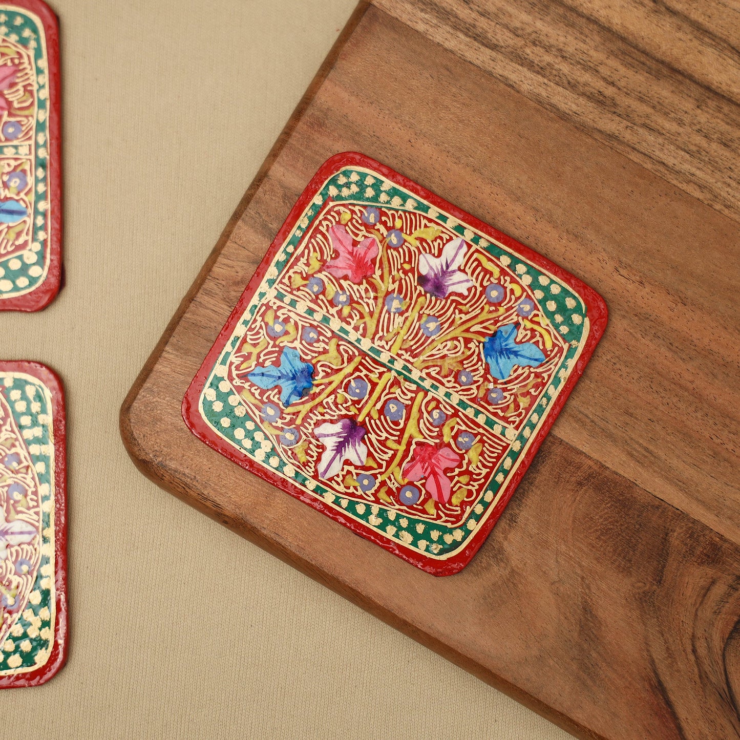 Red - handpainted paper mache coaster with box (set of 6)