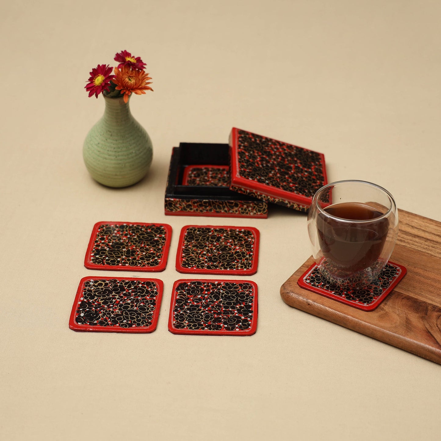 Red - handpainted paper mache coaster with box (set of 6)