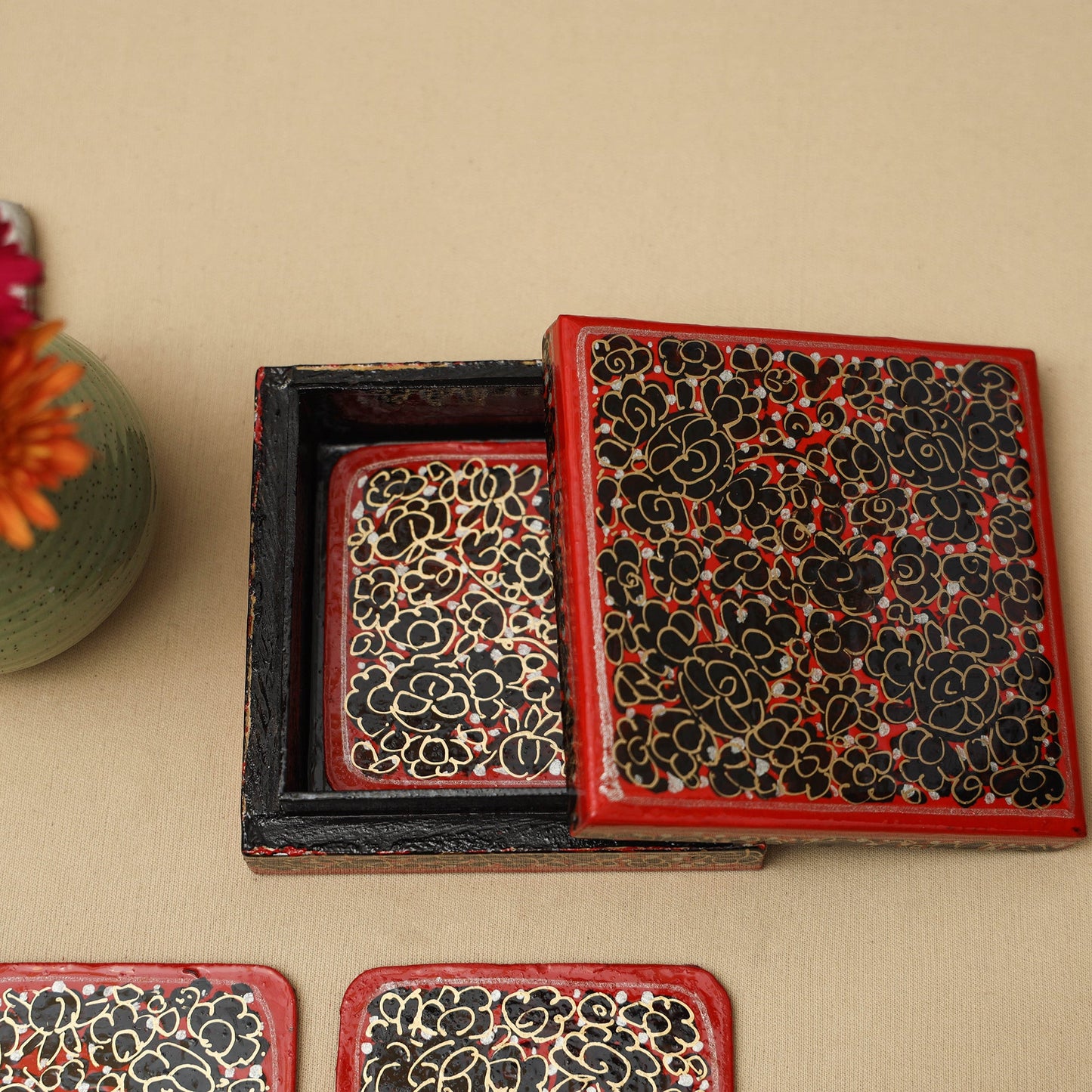 Red - handpainted paper mache coaster with box (set of 6)