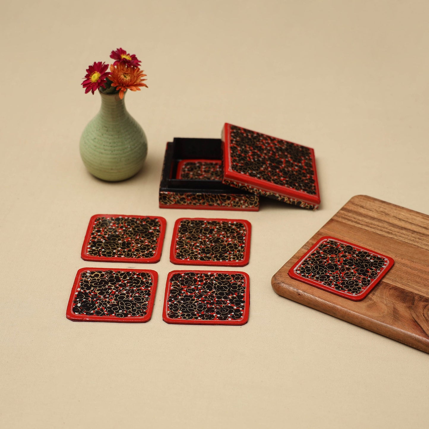 Red - handpainted paper mache coaster with box (set of 6)