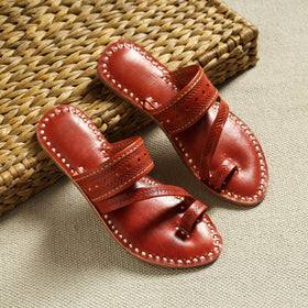 Red Handstitched Leather Flat Slippers