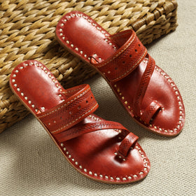 Red Handstitched Leather Flat Slippers