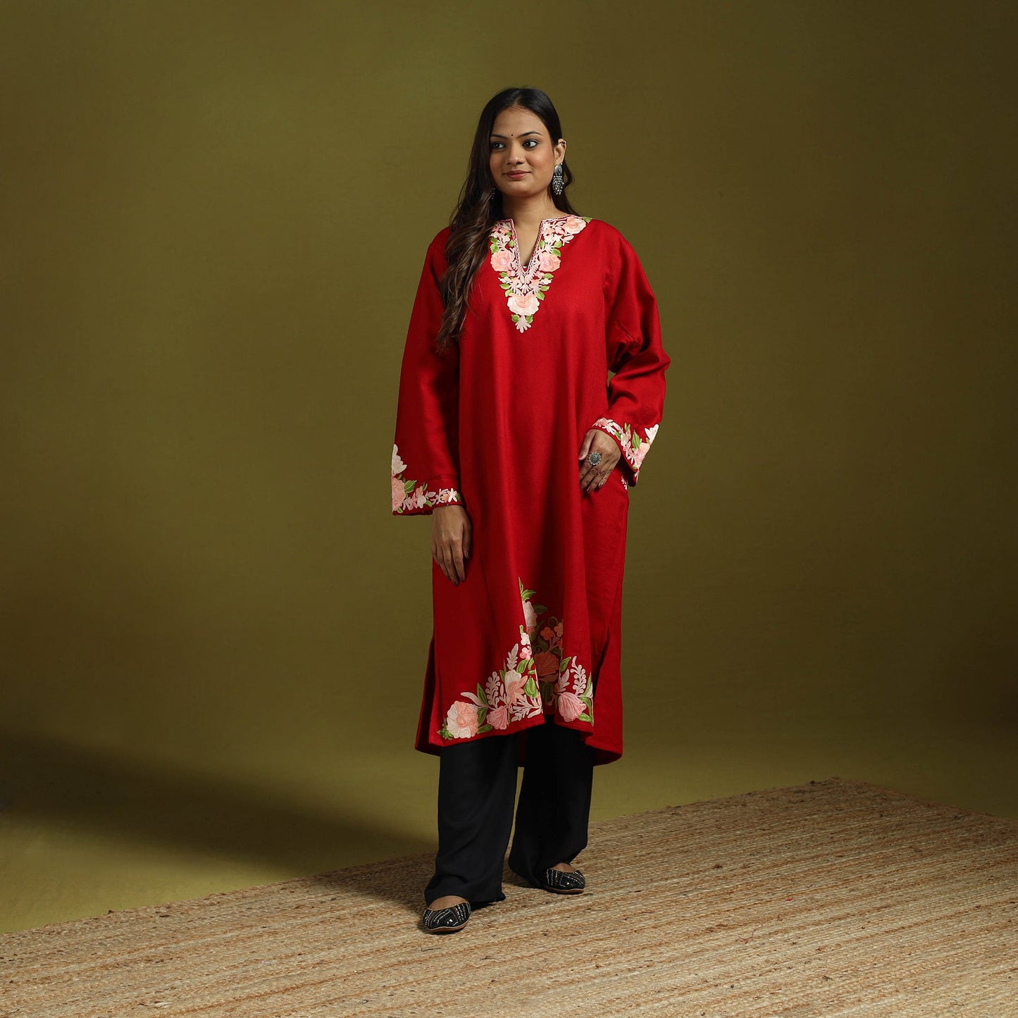 Red - handwoven aari embroidered kashmiri merino wool